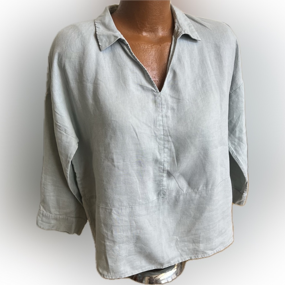 Pure Collection 100% linen split neck tunic blouse pale blue 8 /10 very nice!